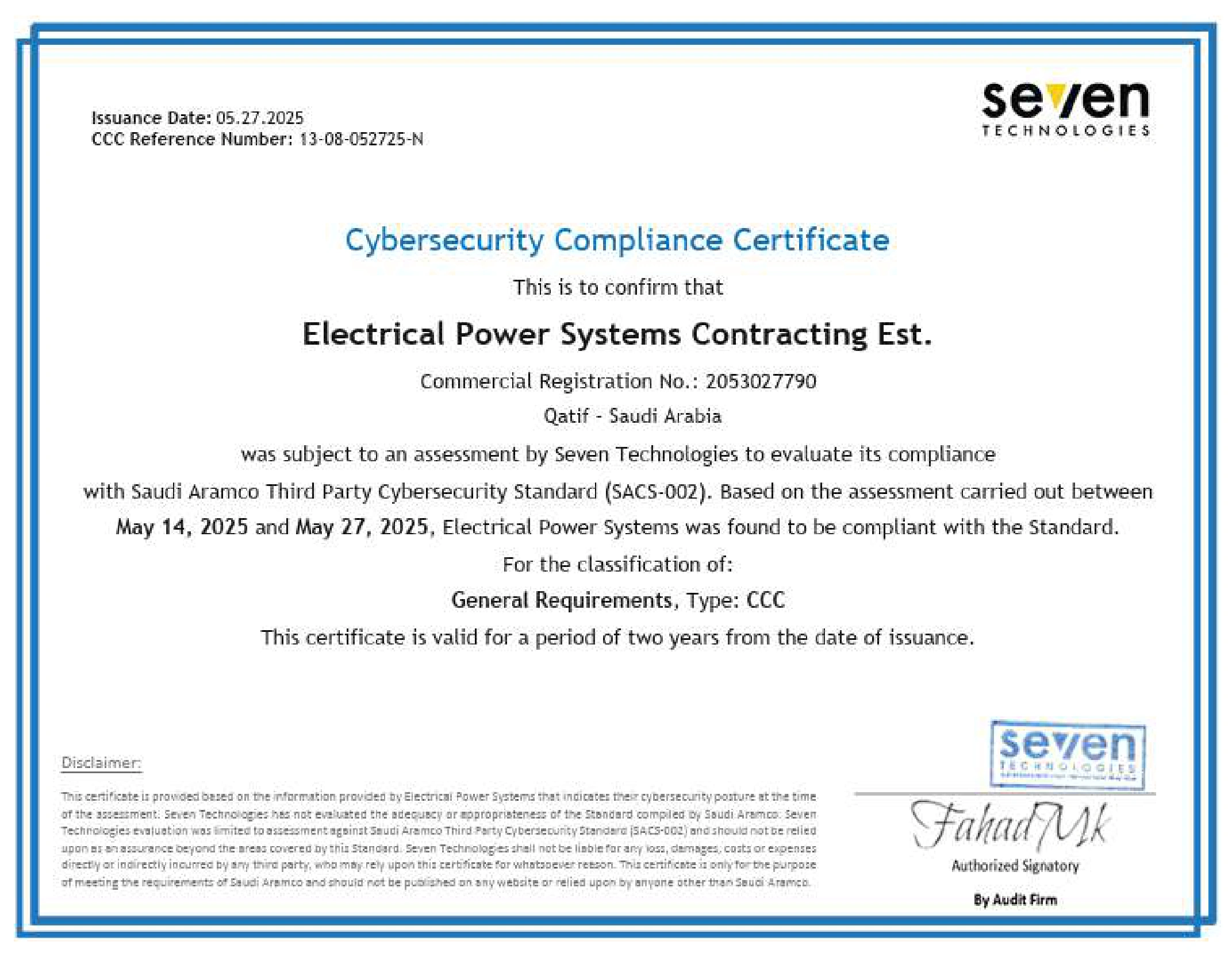 Cybersecurity compliance certificate (SACS-002, Type CCC)